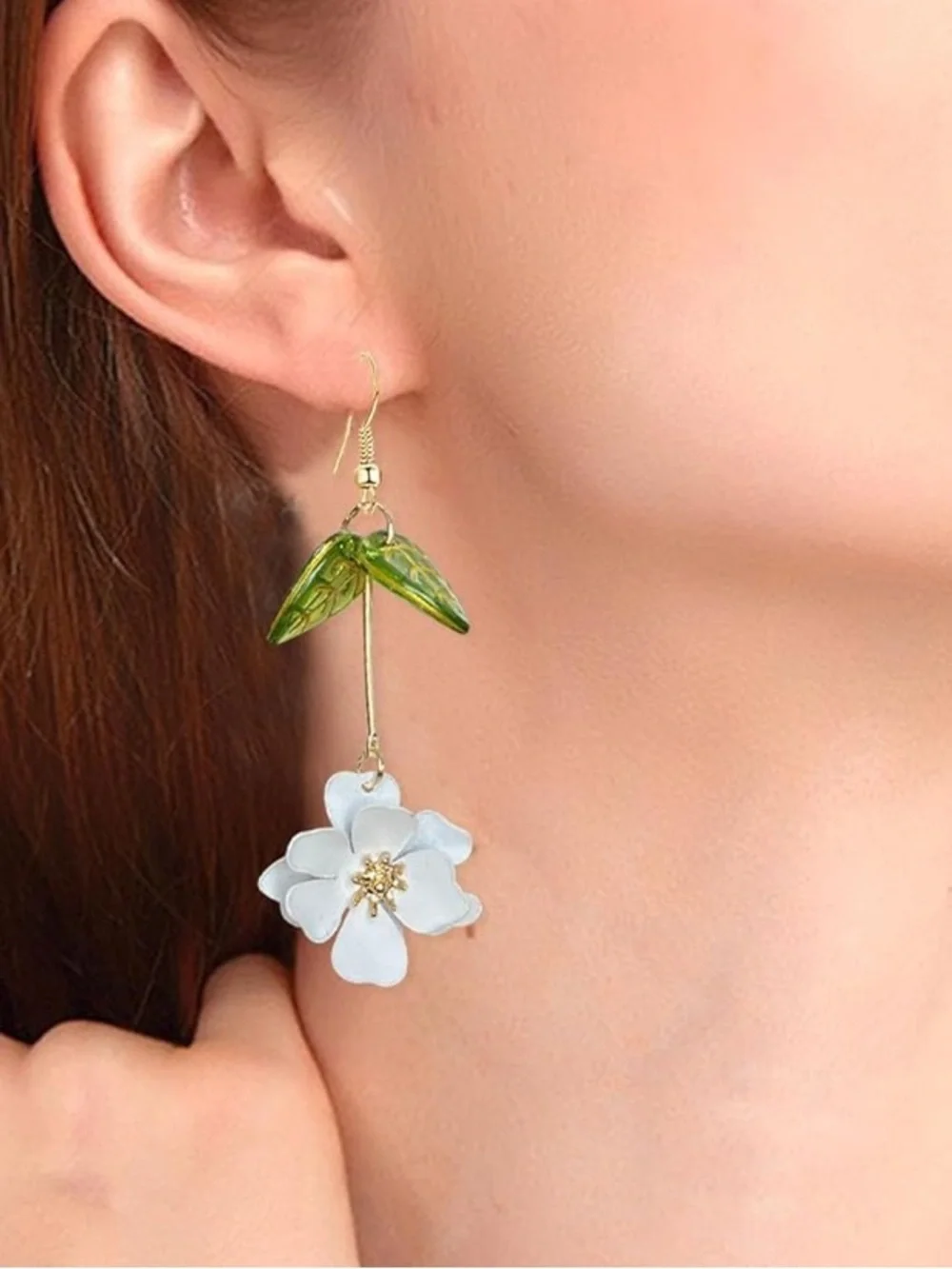 Delicate White Flower Drop Earrings with Green Leaf Accents